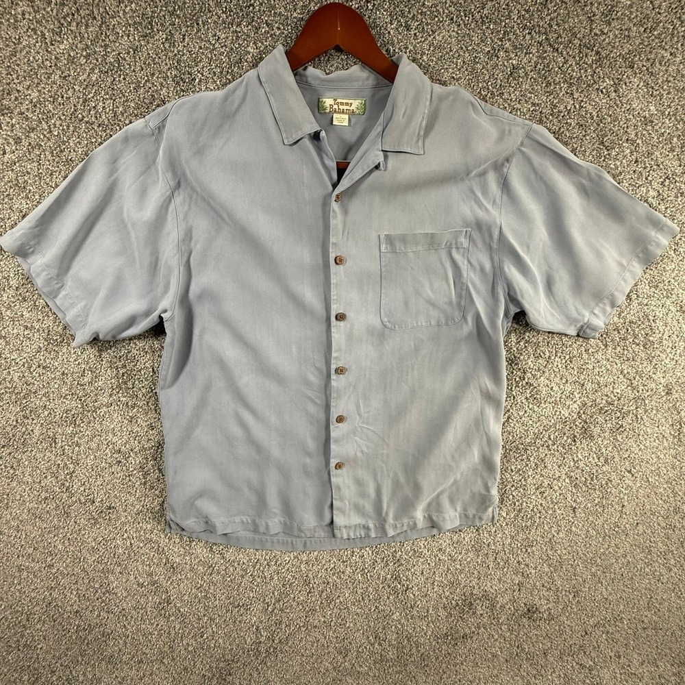 Tommy Bahama Mens Large Silk Short Sleeve Button Up Shirt Blue Herringbone Camp